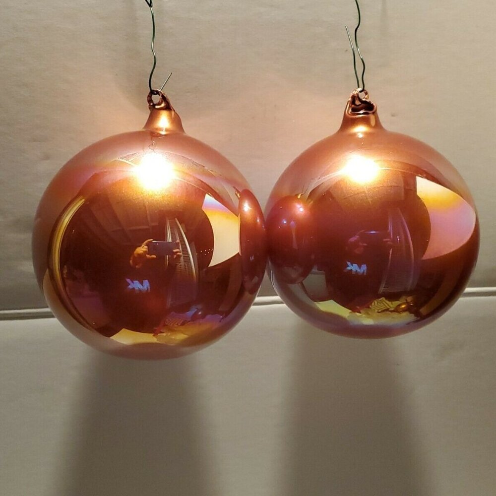 2 Iridescent Spun Glass Blown Christmas Tree Ornament Indents Round 5" Brown
